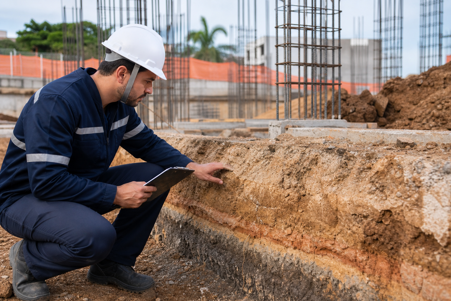 Engenharia geotécnica Engenheiro avaliando solo para fundação